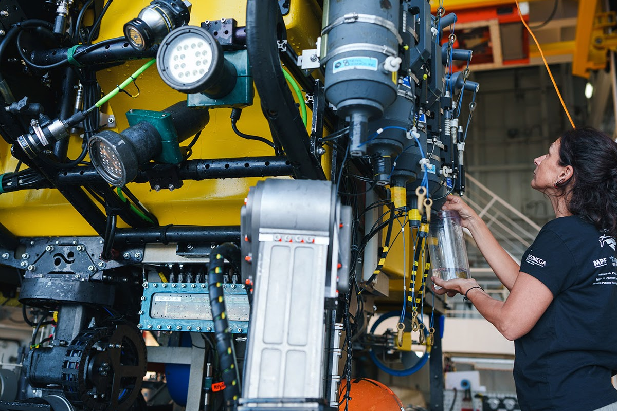 Dr. Silvina Botta (Universidade Federal do Rio Grande in Brazil) retrieves water samples from ROV SuBastian for stable isotope analysis — a chemical way to study how carbon moves through the ocean (Credit: Alex Ingle / Schmidt Ocean Institute).